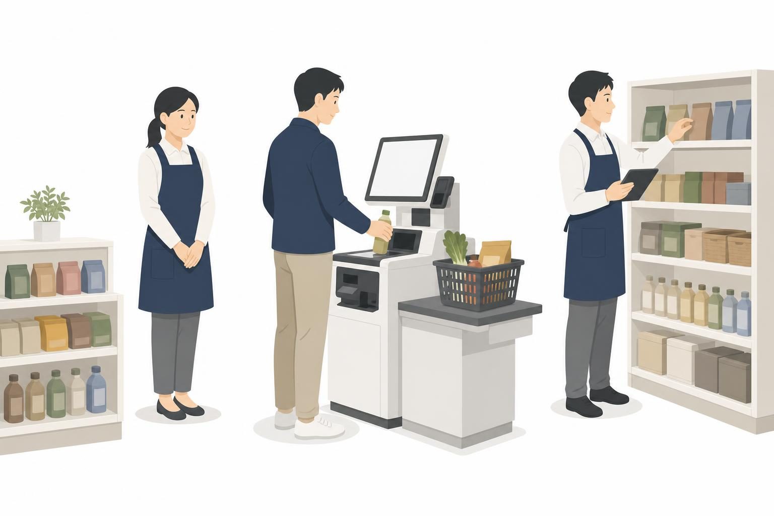 生産性で吸収する|レジ前と発注の2か所から手をつけるを説明するイラスト